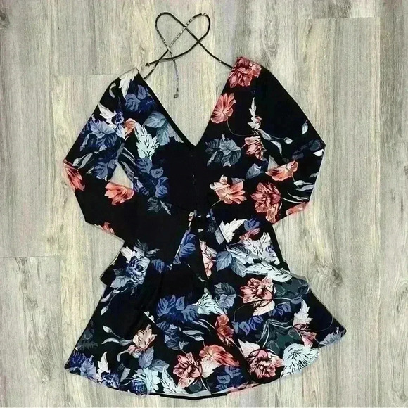 Cooper St Black Floral Long Sleeve V Neck Mini Dress Multi Layer Skirt Size 6 - Picture 5 of 6